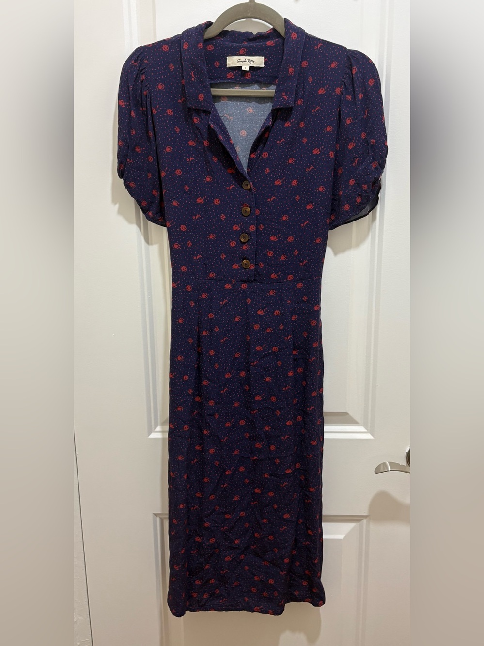 Simple Retro Collared V-Neck Navy Floral Button Top Midi Dress